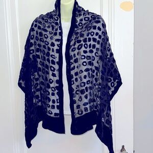 Chico’s black viscose/silk shawl/wrap with raised chenille gold & silver design